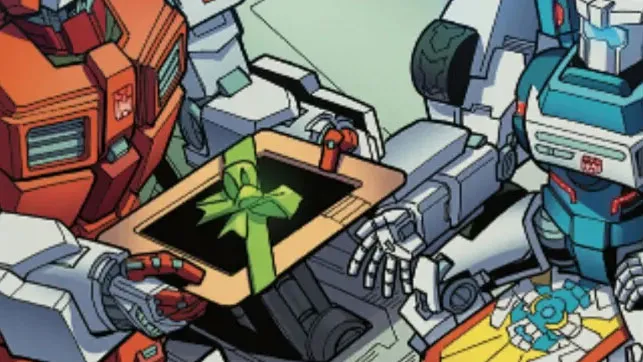 Two Autobots trading equipment across a workbench, from the artwork of Swap Parts, the first card banned in the Transformers TCG