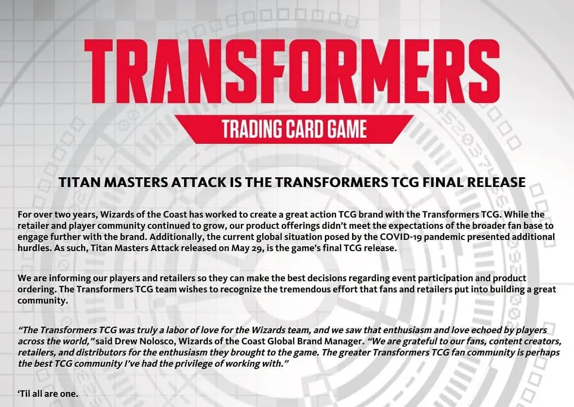 "Titan Masters Attack is the Transformers TCG final release"