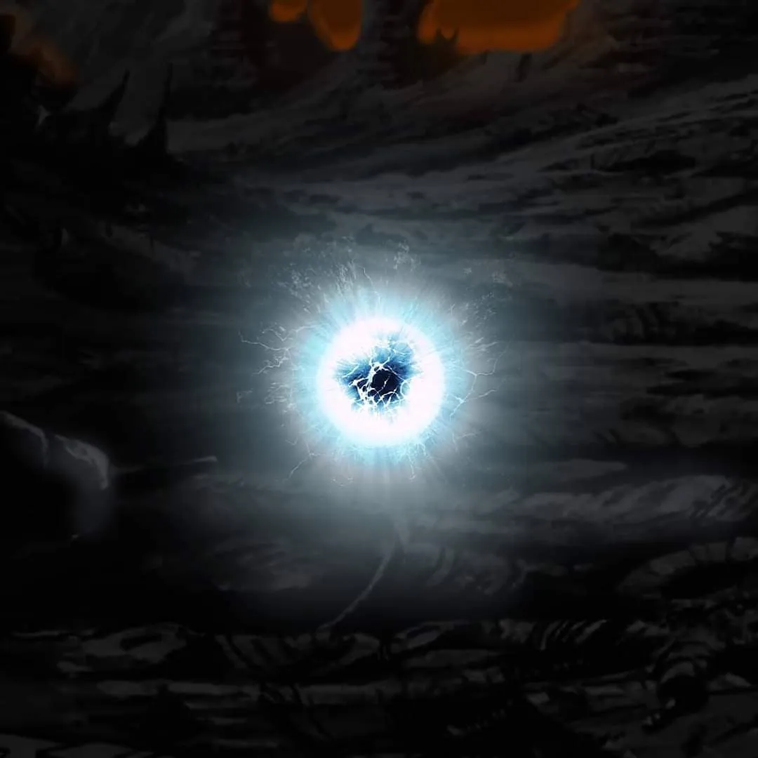A pinpoint of blue-white energy crackles with lightning above a dark, barren landscape.