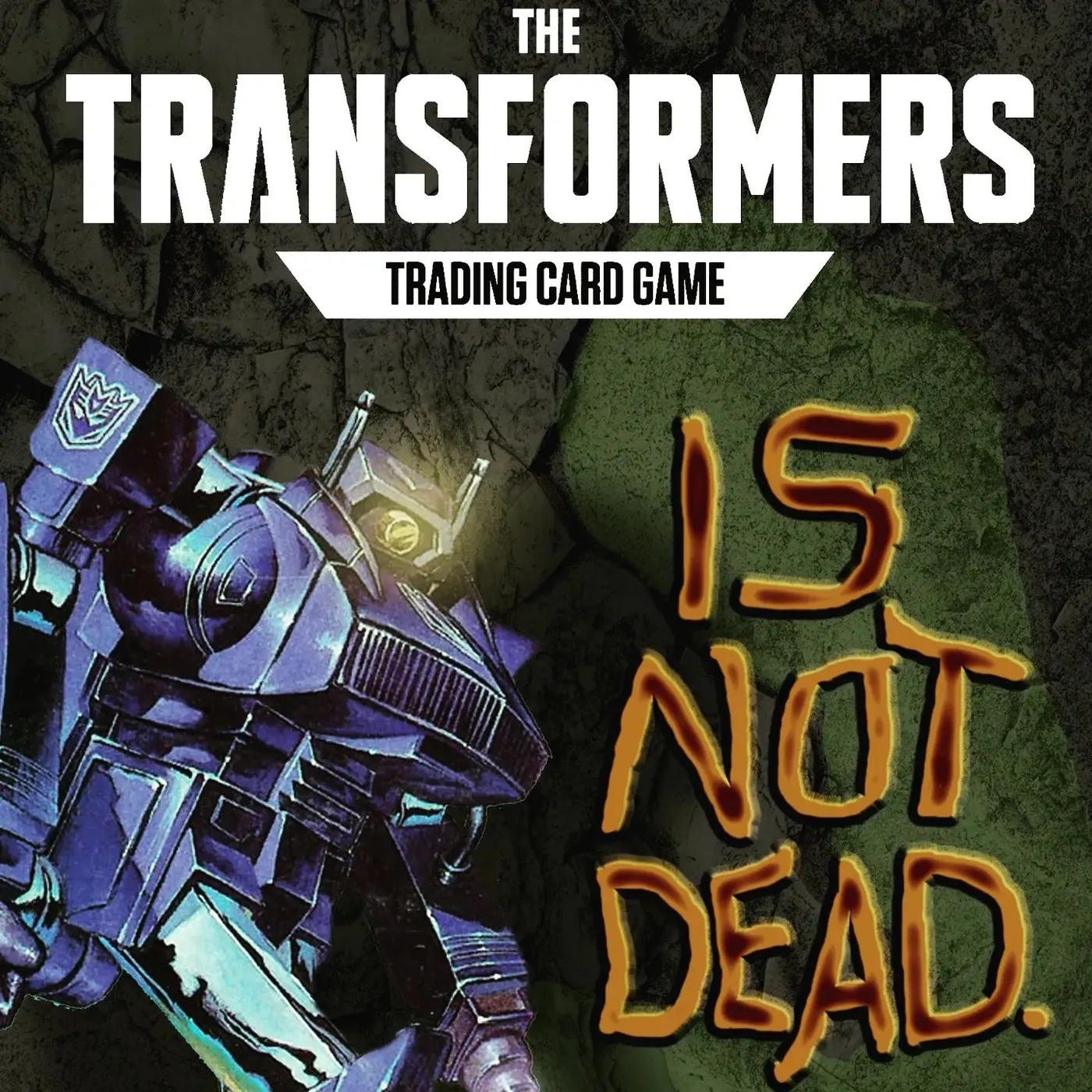 "The Transformers Trading Card Game is not dead." signage