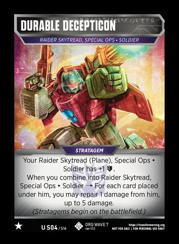 Durable Decepticon // Raider Skytread, Special Ops • Soldier card face