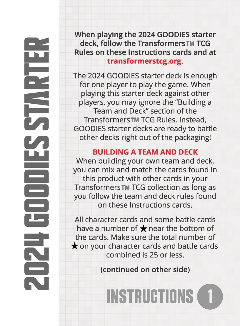 2024 Goodies Starter Deck featuring Optimus Prime instructions 1