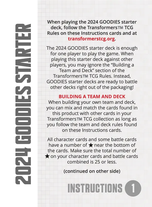2024 Goodies Starter Deck featuring Optimus Prime instructions 1