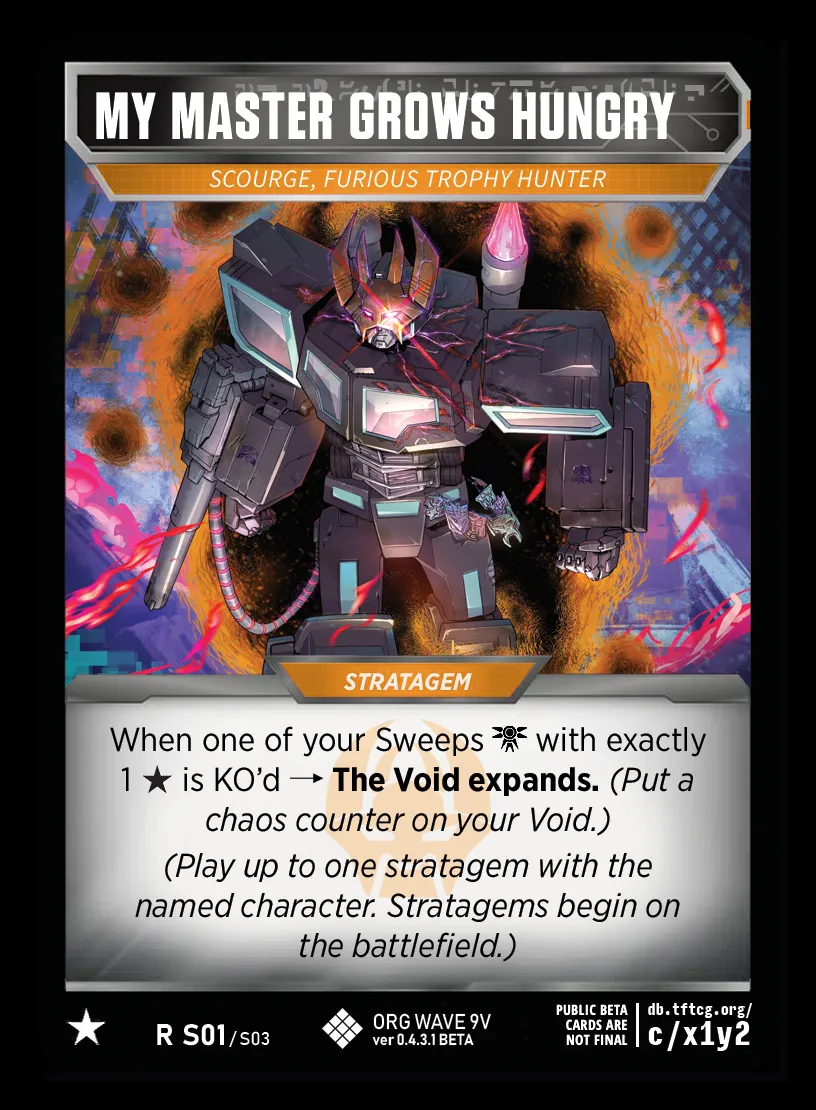 My Master Grows Hungry // Scourge, Furious Trophy Hunter card face