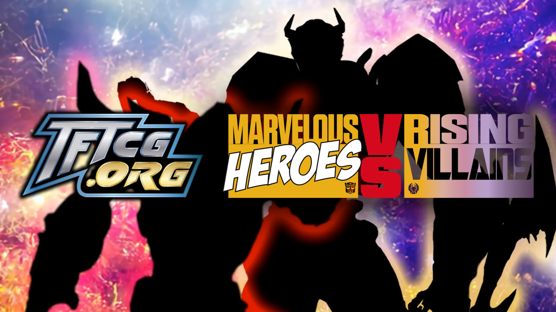 Marvelous Heroes VS Rising Villains title card, with the transformerstcg.org logo beside the set name and the silhouettes of its two sides
