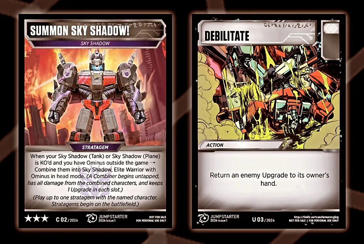 Two replacement cards in the Jumpstarter Update Booster: Summon Sky Shadow and Debilitate