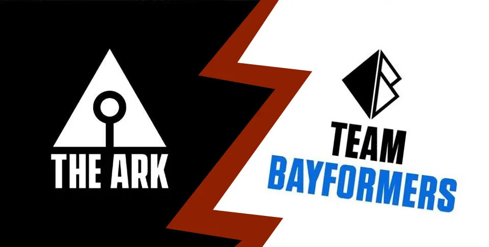 The Ark and Team Bayformers logos split by a jagged crack, representing the end of Allied Crossplay