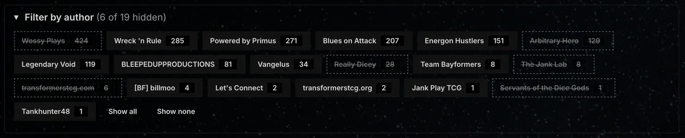 transformerstcg.org Videos filters panel