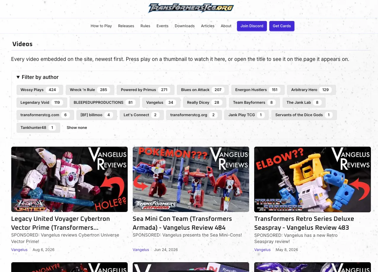 transformerstcg.org Videos page with filters expanded