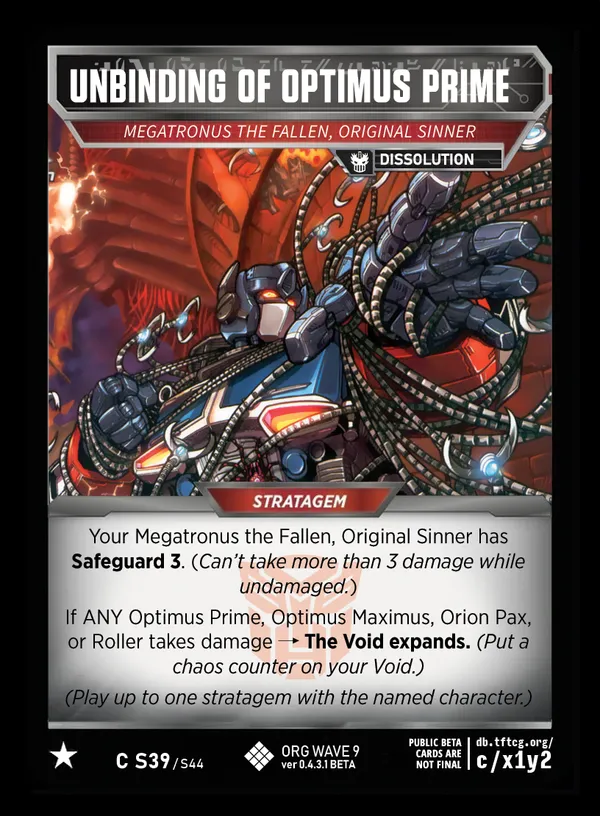 Unbinding of Optimus Prime // Megatronus the Fallen, Original Sinner card face