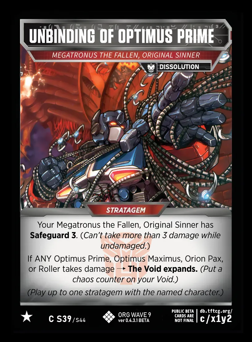 Unbinding of Optimus Prime // Megatronus the Fallen, Original Sinner card face