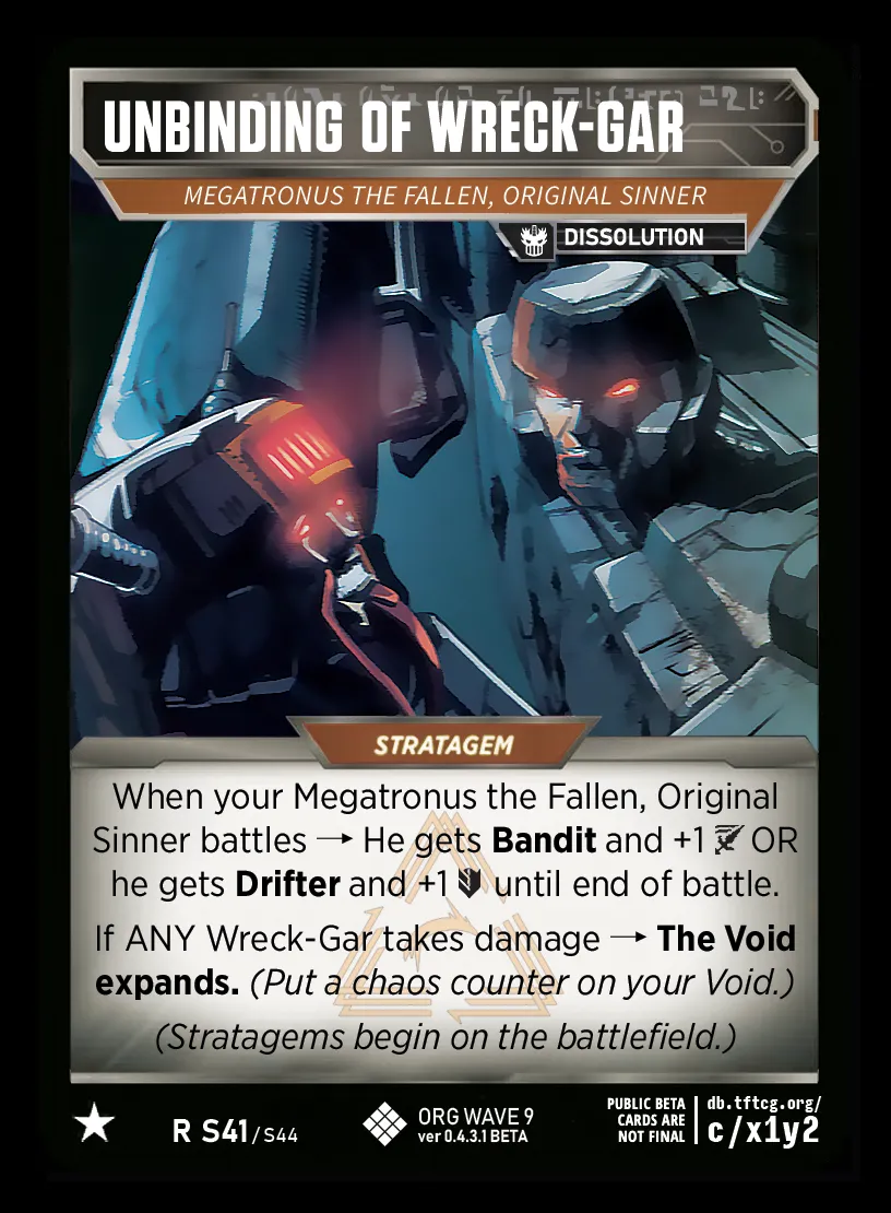 Unbinding of Wreck-Gar // Megatronus the Fallen, Original Sinner card face