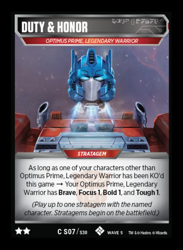 Duty & Honor // Optimus Prime, Legendary Warrior card face