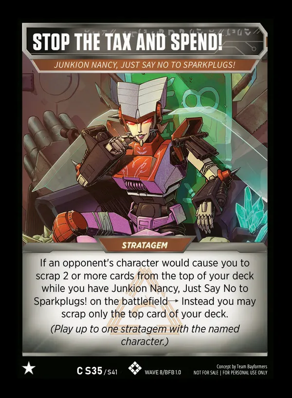 Stop the Tax and Spend! // Junkion Nancy, Just Say No to Sparkplugs! card face